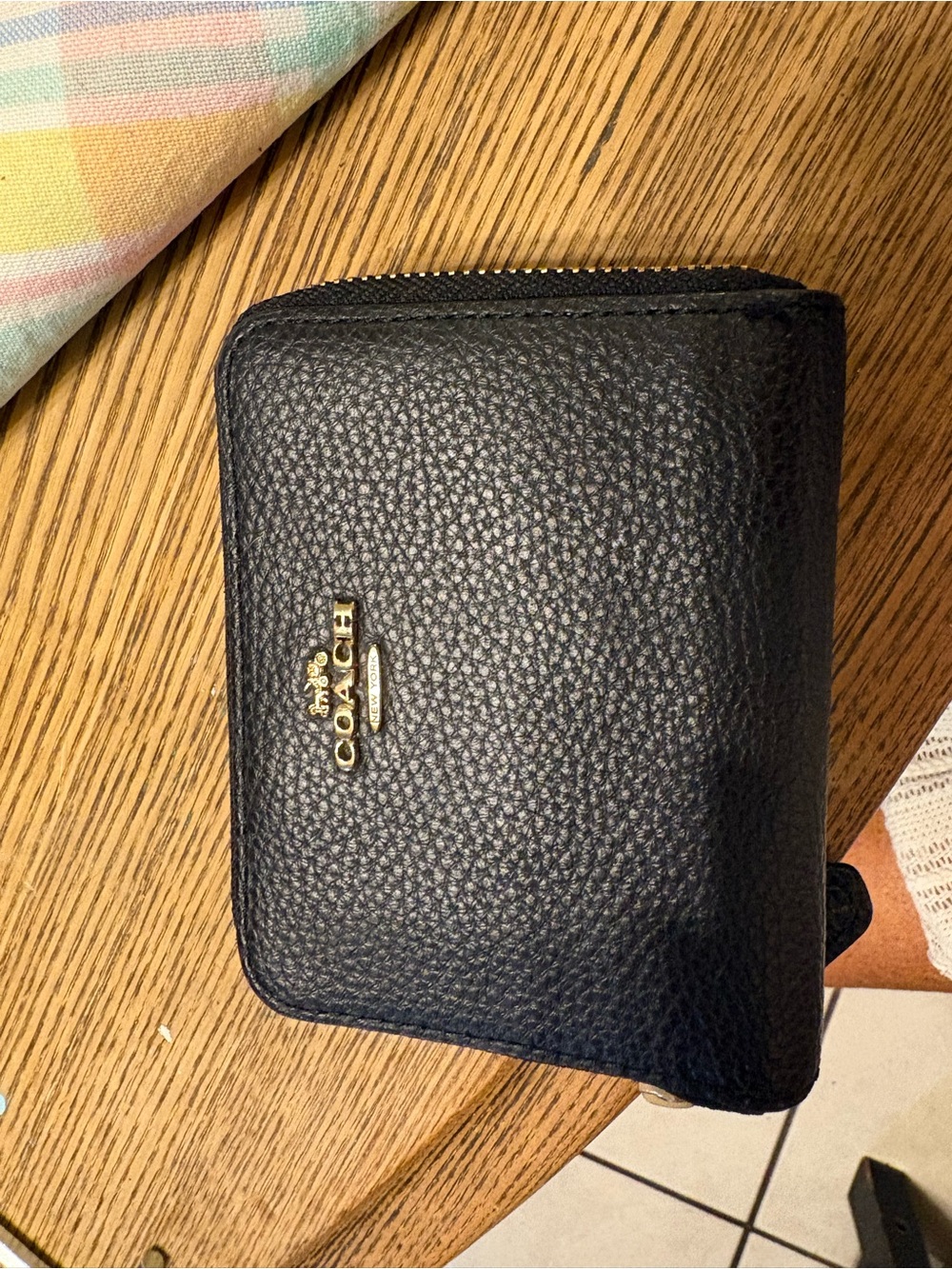 Coach Black Pebbled Leather Zip-Around Wallet with Gold Logo
